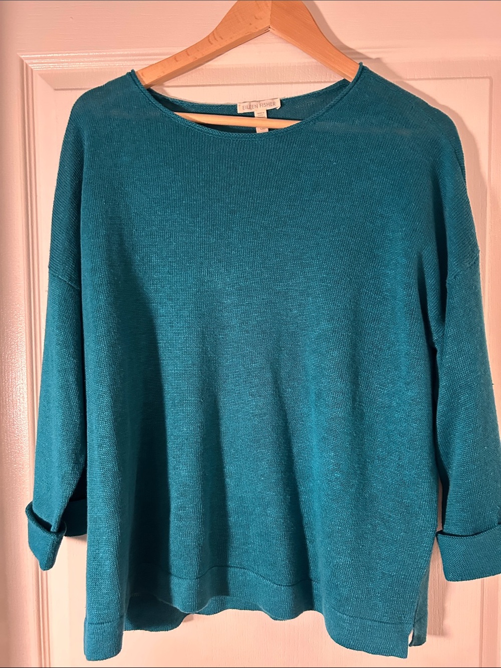 EILEEN FISHER Teal Relaxed Knit Boatneck Linen Sweater